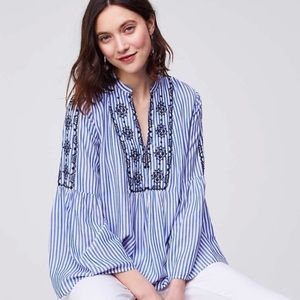 LOFT blue and white bell-sleeved blouse